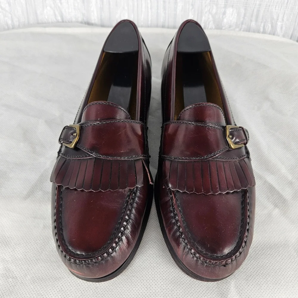 Cole Haan Men's 9D Burgundy Leather Kiltie Penny Loafers Pinch Buckle Fringe